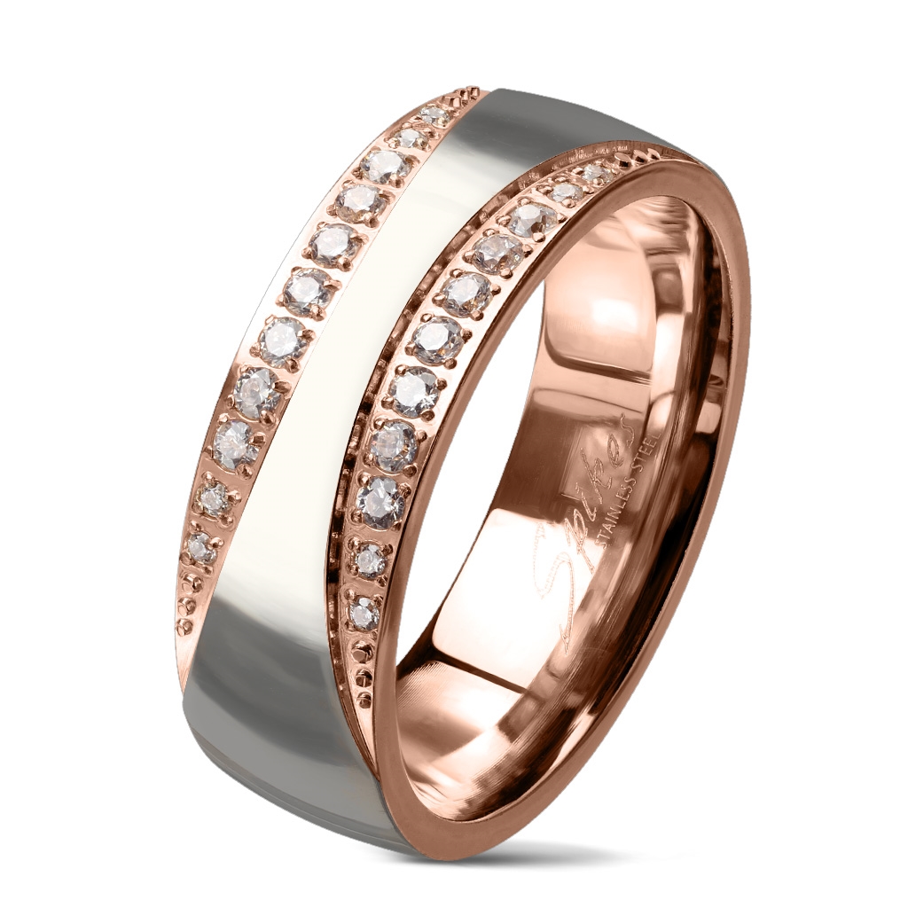 Šperky4U Zlacený ocelový prsten se zirkony - velikost 60 - OPR0097-60