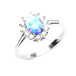 Strieborný prsteň so svetlo modrým opál a zirkónmi