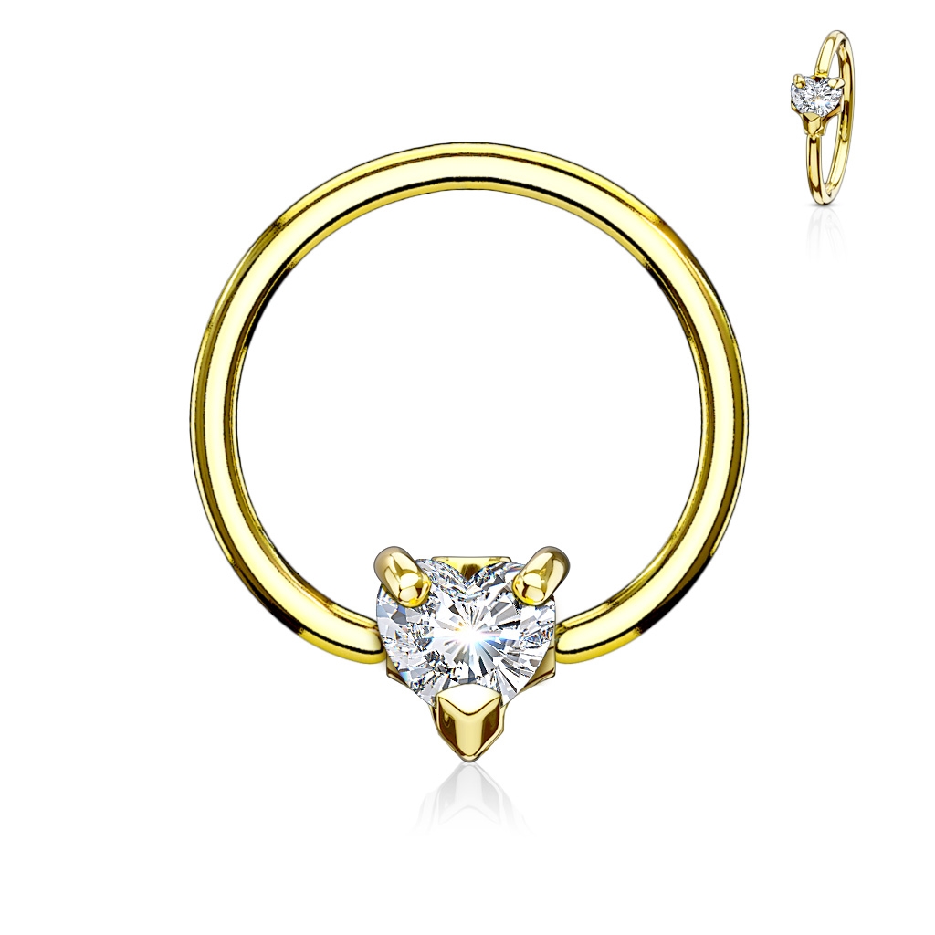 Šperky4U Zlacený piercing - kruh se srdíčkem, čirá barva - K1022-GDC
