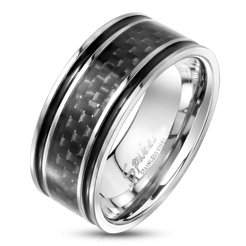 Šperky4U Pánský ocelový prsten s karbonem - velikost 62 - OPR0118-62