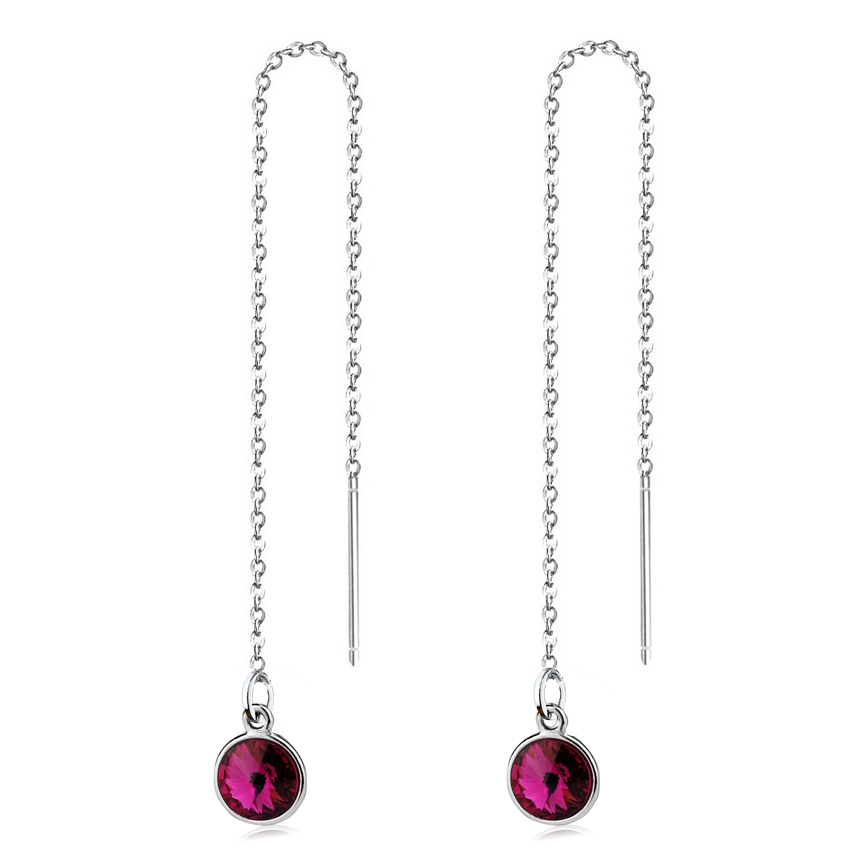 Strieborné prevliekacie retiazkové náušnice Crystals from Swarovski, FUCHSIA