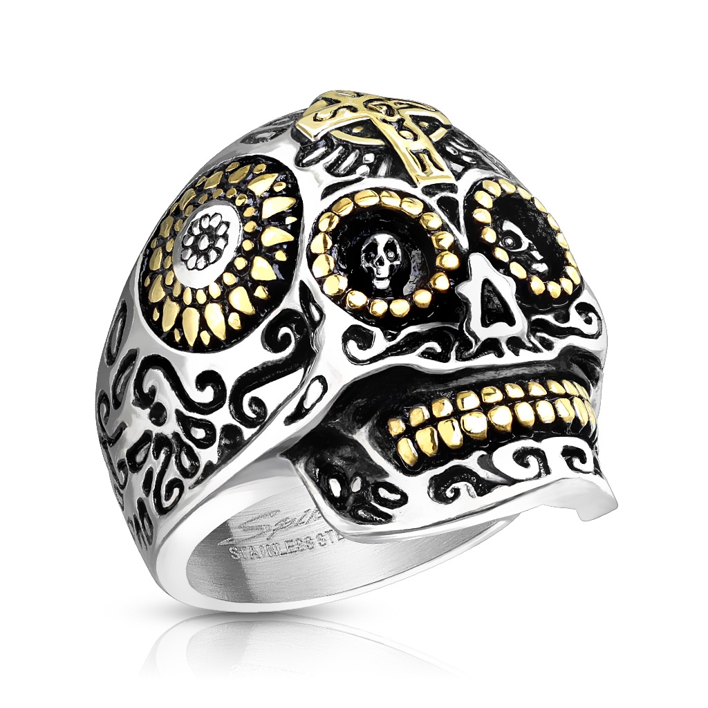 Oceľový prsteň - lebka s ornamentami
