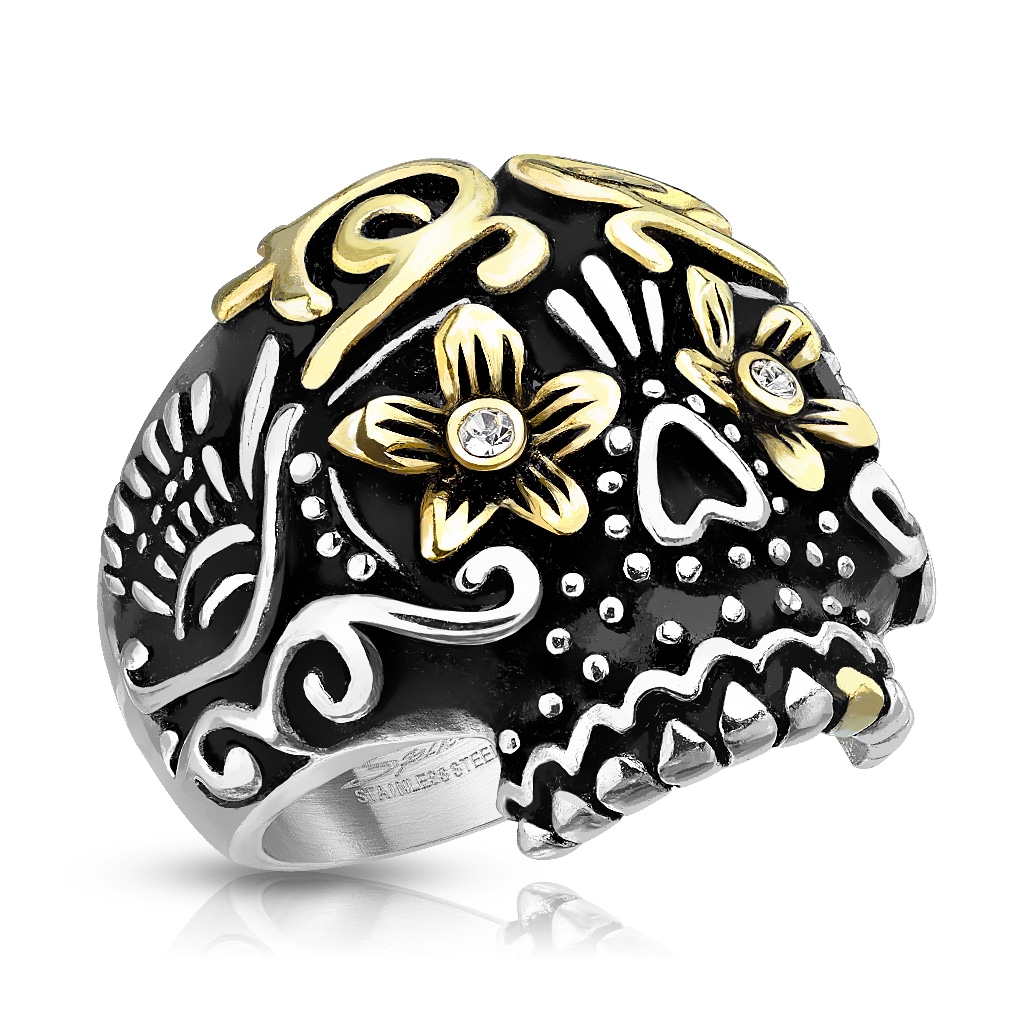 Oceľový prsteň - lebka s ornamentami