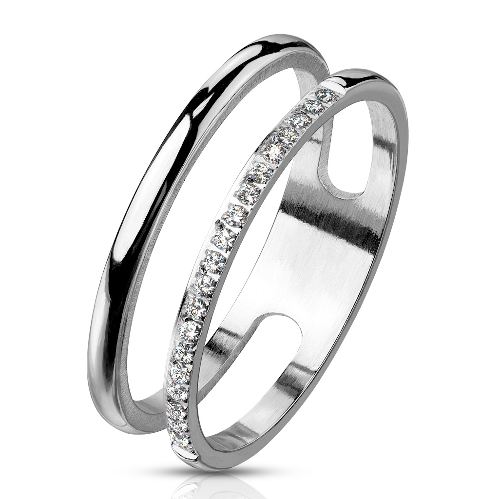 Spikes USA Dvojitý ocelový prsten se zirkony - velikost 52 - OPR0148-52