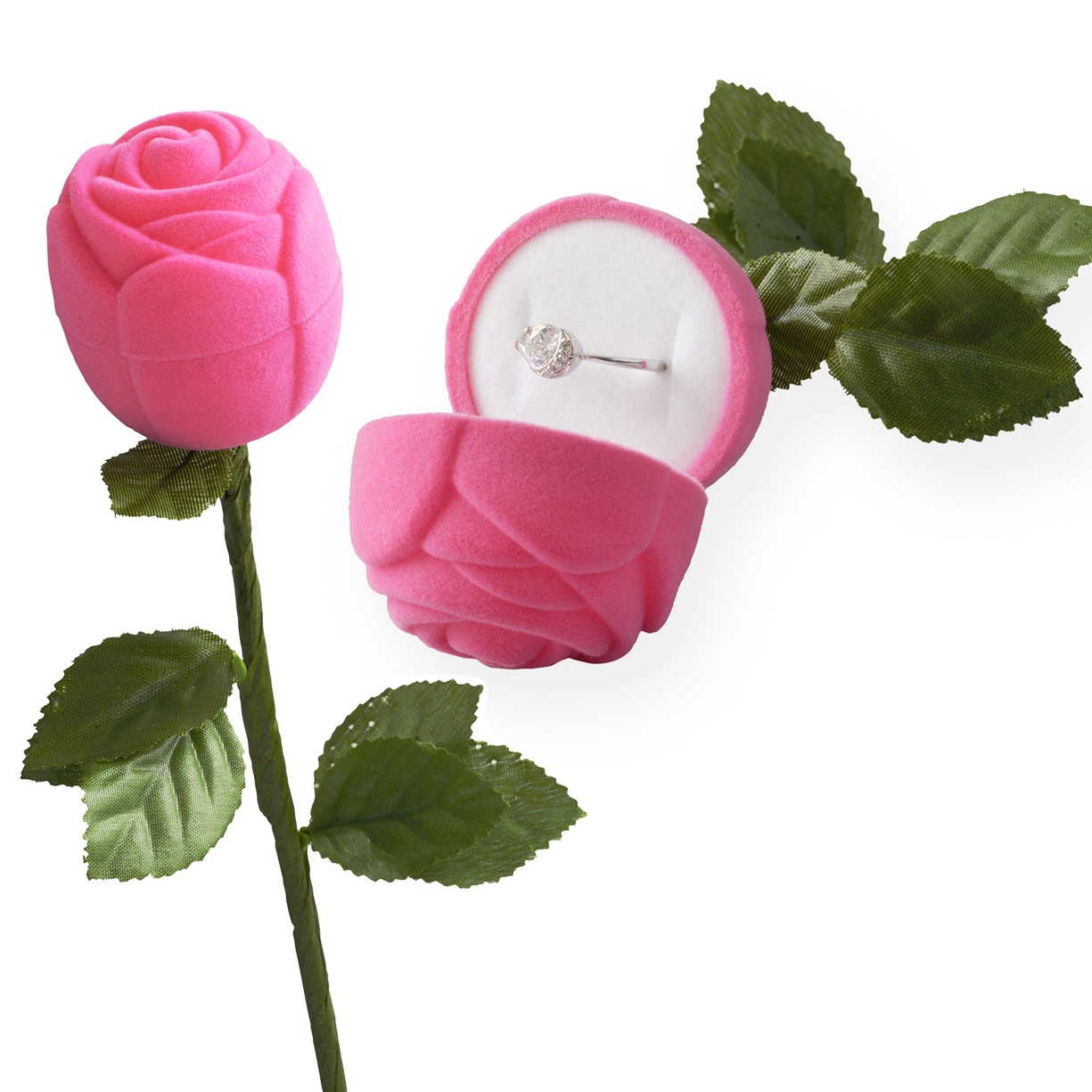 Darčeková krabička na prsteň - ruža na stonke, farba ružová