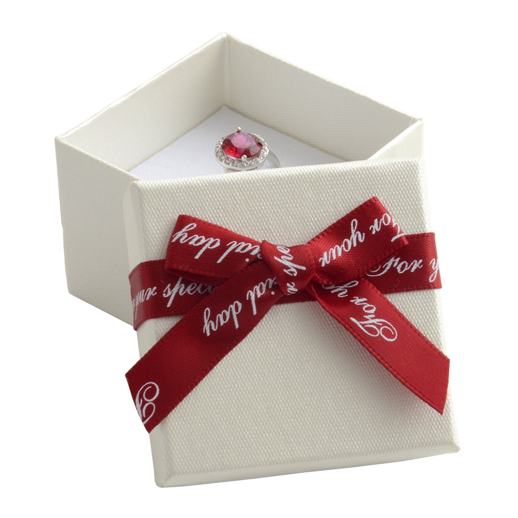 Darčeková krabička na prsteň / náušnice, biela s červenou mašľou