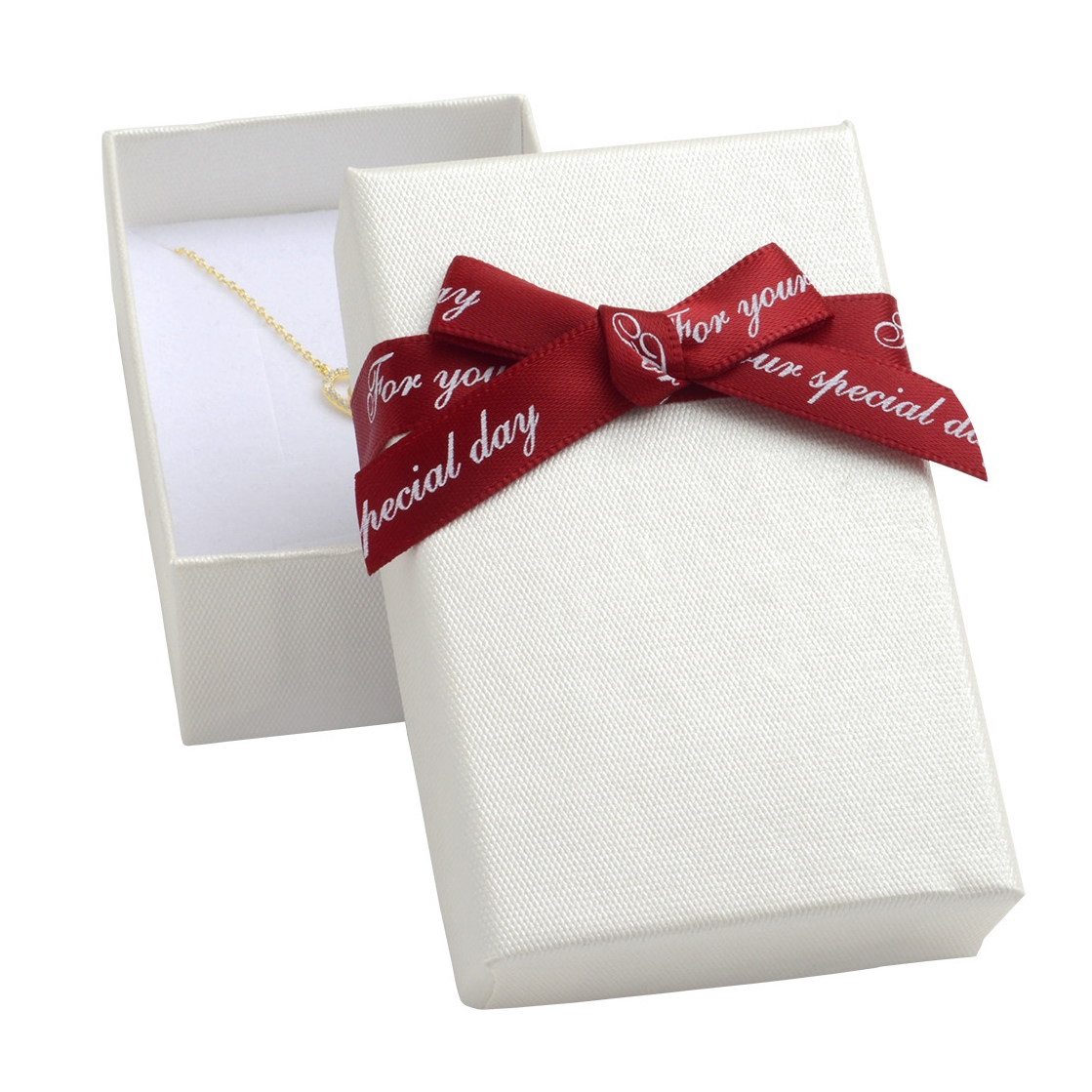 Darčeková krabička na súpravu šperkov, biela s červenou mašľou