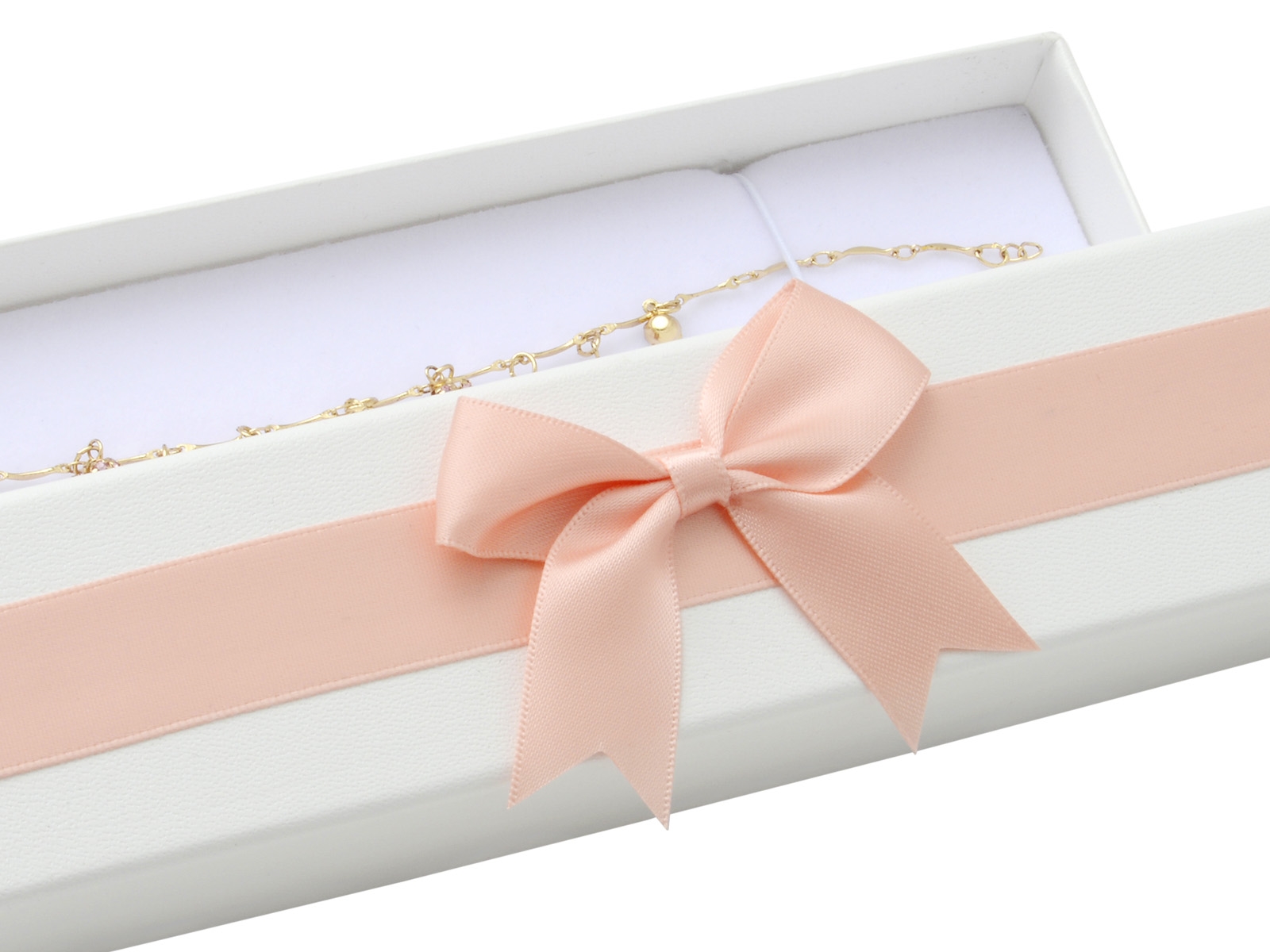 Darčeková krabička na náramok, biela s ružovou mašľou