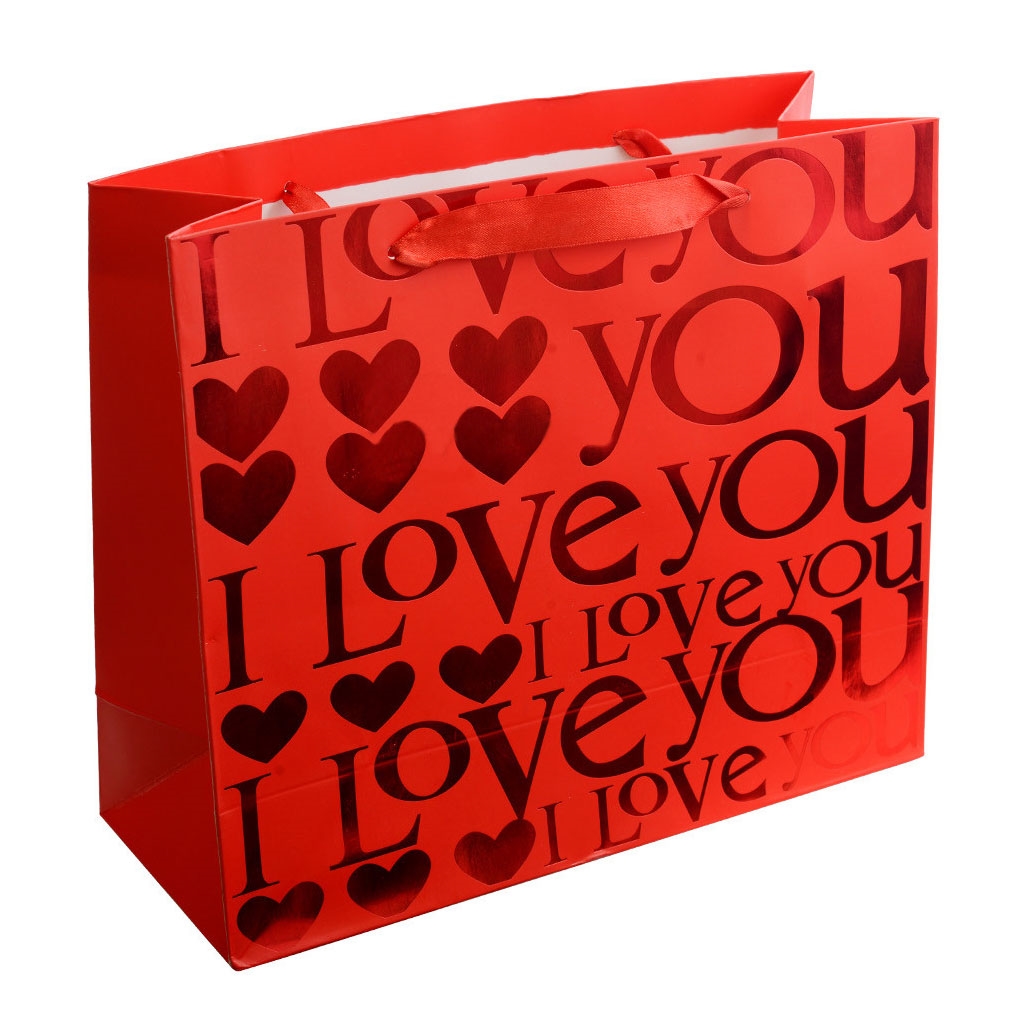 Darčeková taška červená so srdiečkami a textom LOVE
