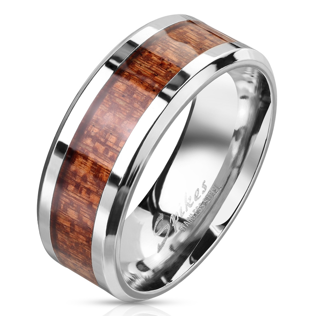 Pánsky oceľový prsteň dekor drevo