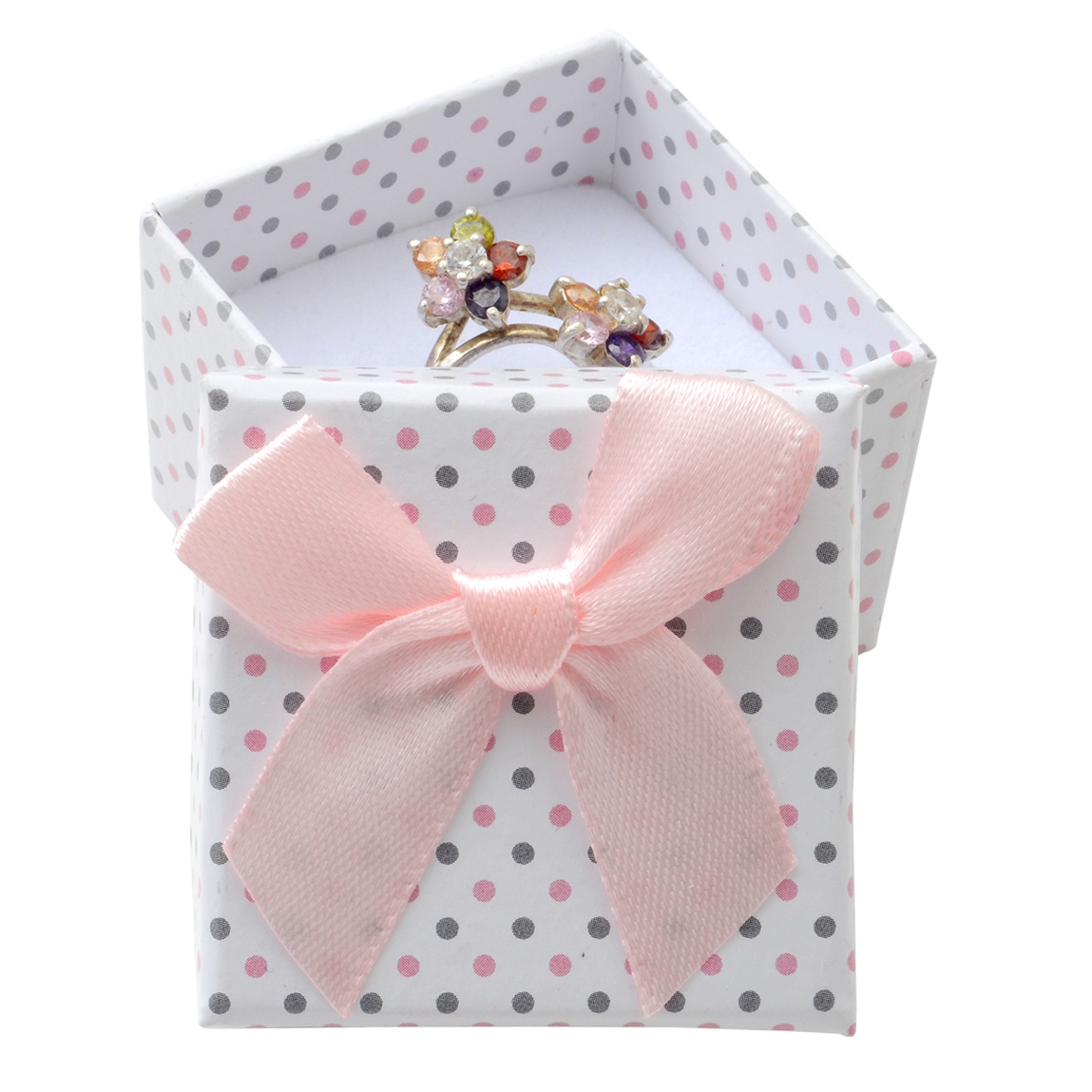 Malá darčeková krabička na prsteň biela - šedé a ružové bodky