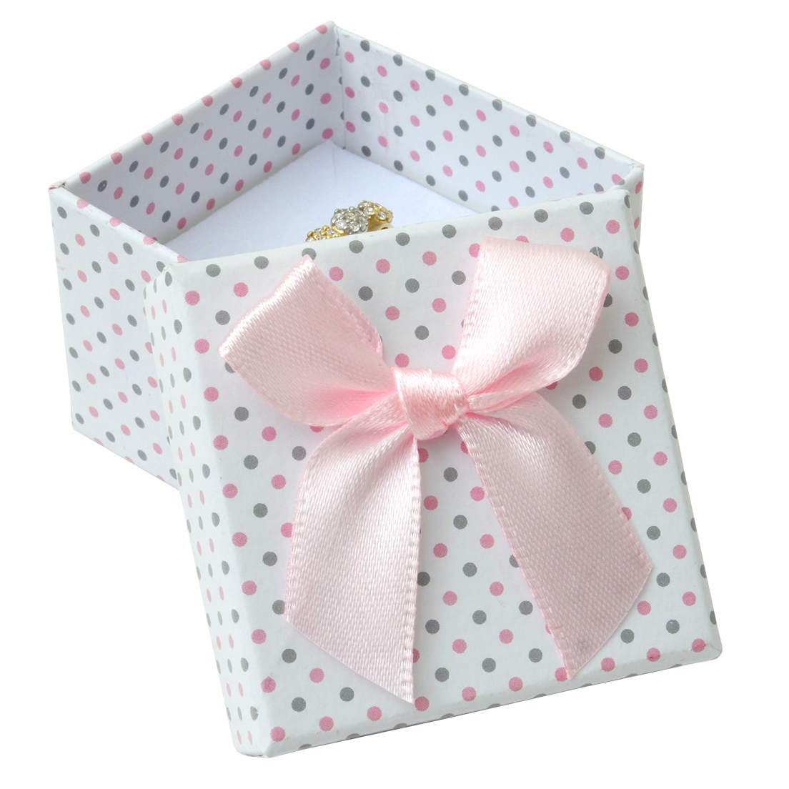 Darčeková krabička na prsteň biela - šedé a ružové bodky