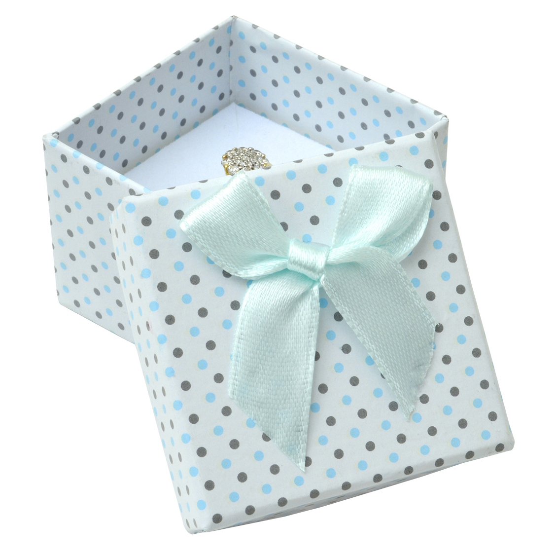 Darčeková krabička na prsteň biela - šedé a modré bodky