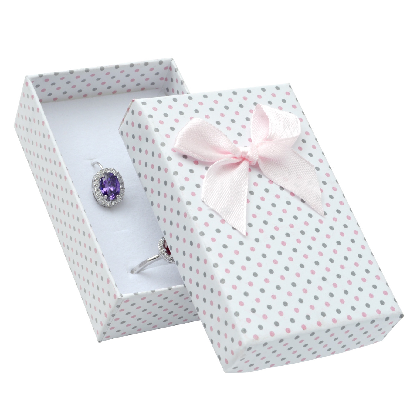 Škatuľka na súpravu šperkov biela, šedé a ružové bodky