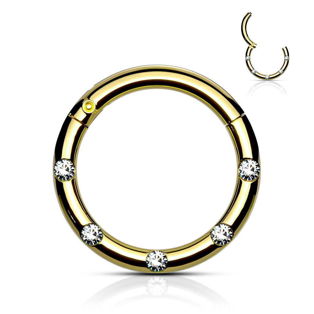 Pozlátený piercing kruh segment, číre kamene, 1,2 x 8 mm