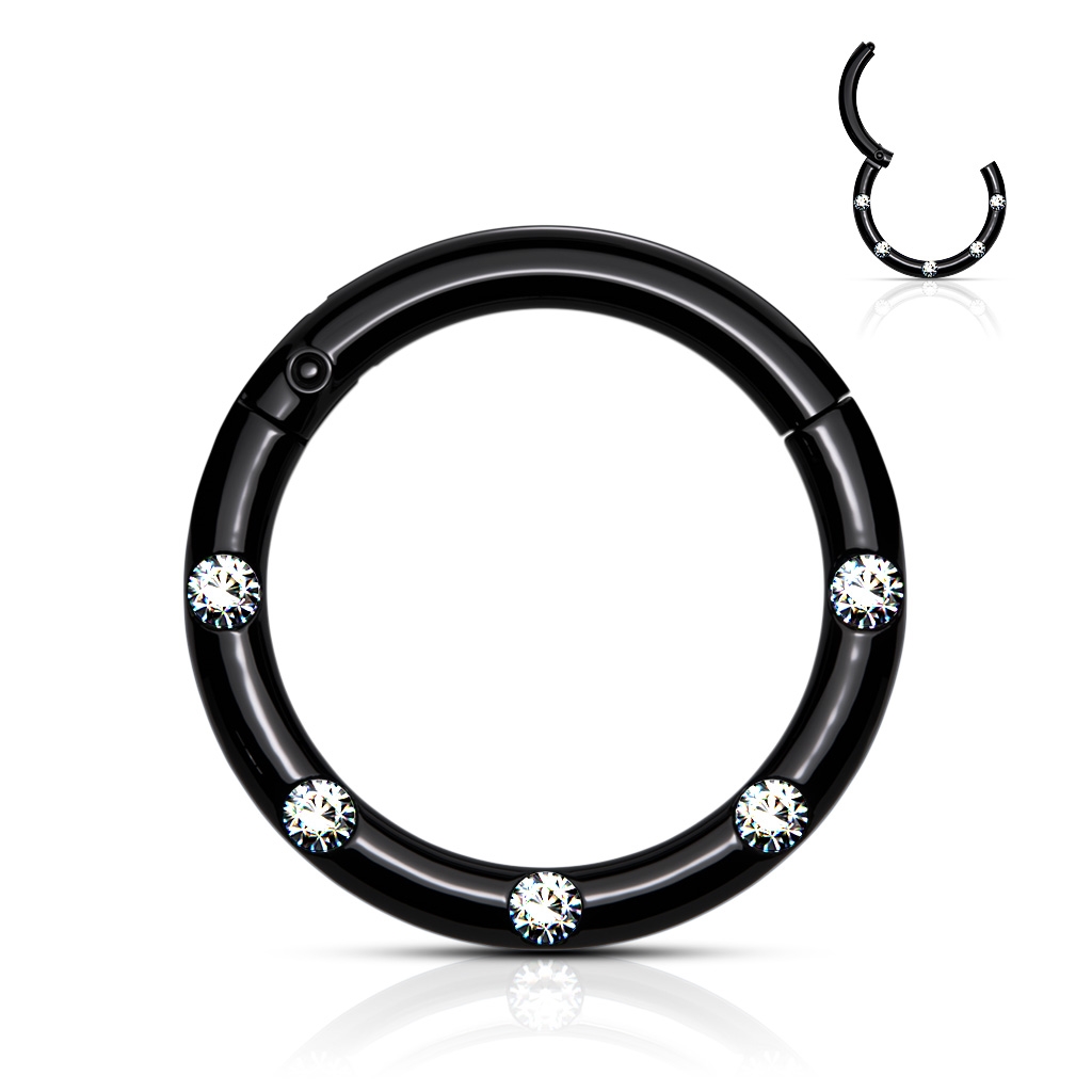 Čierny piercing kruh segment, číre kamene, 1,2 x 8 mm