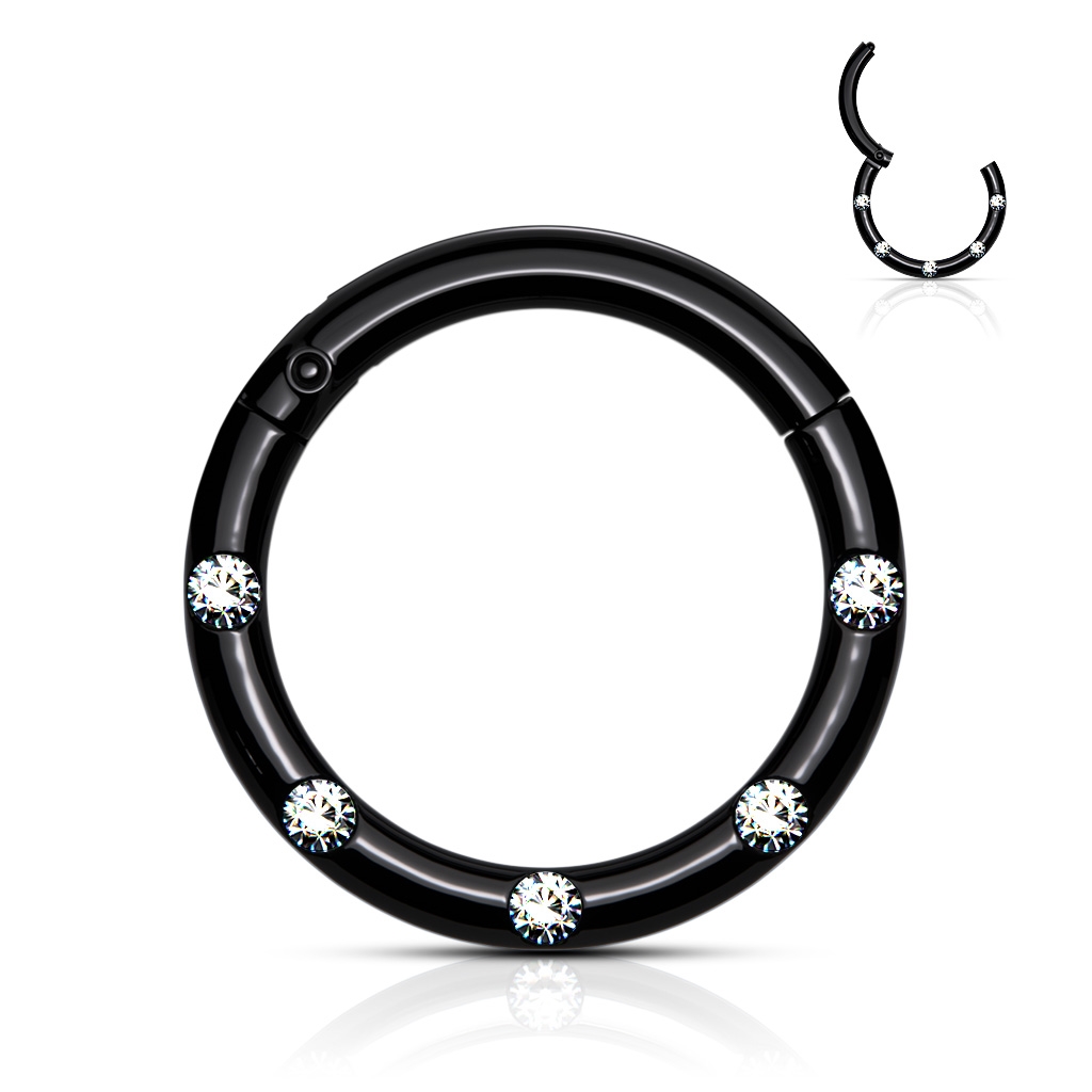 Šperky4U Černý piercing kruh segment, čiré kameny, 1,2 x 8 mm - K01058-K