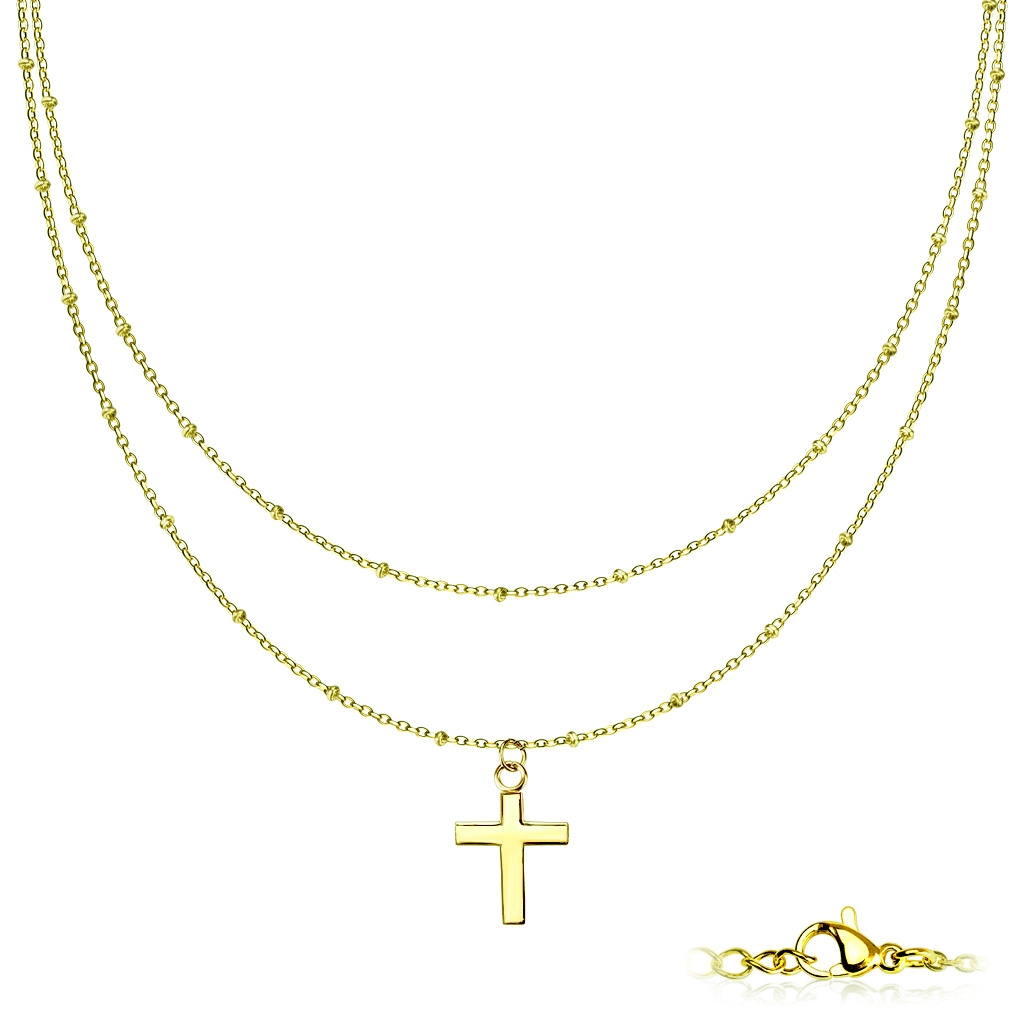 Dvojitý oceľový náhrdelník s krížikom pozlátený