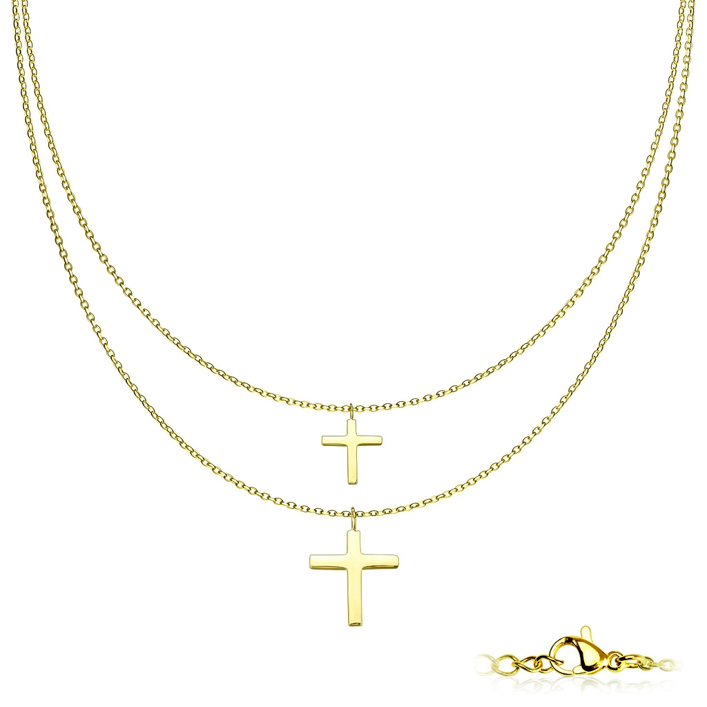 Šperky4U Dvojitý zlacený ocelový náhrdelník s křížky - OPD0219-GD