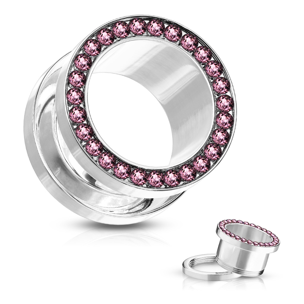 Šperky4U Tunel do ucha s růžovými zirkony - TN01010-06P