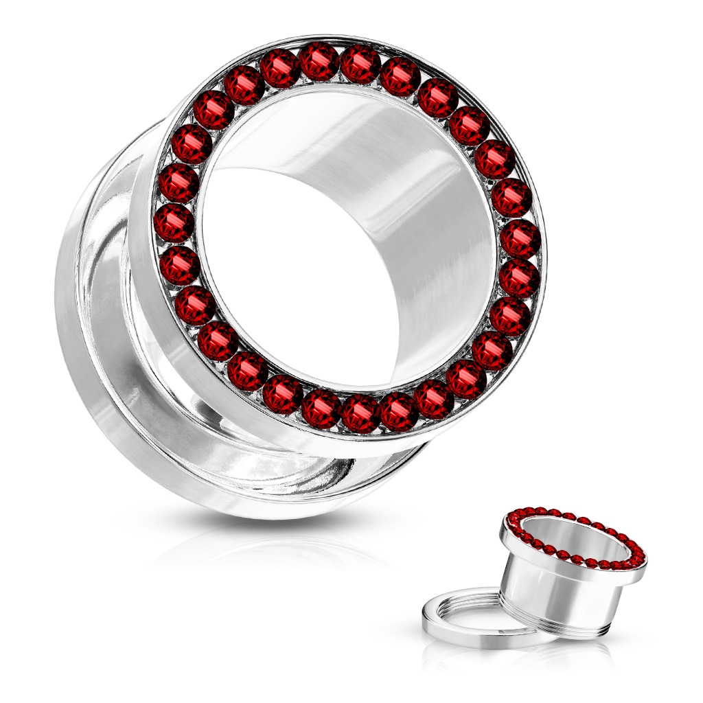 Šperky4U Tunel do ucha s červenými zirkony - TN01010R-10