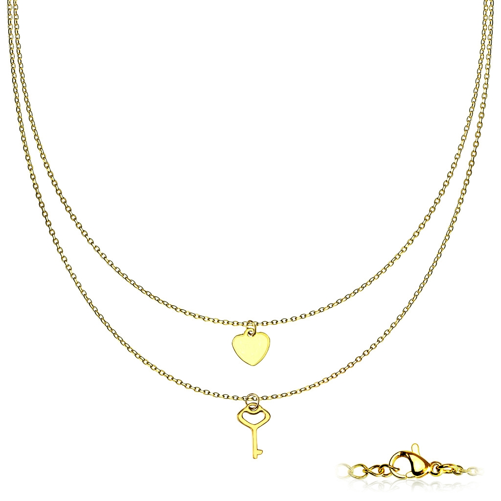 Dvojitý pozlátený oceľový náhrdelník s kľúčikom a srdiečkom
