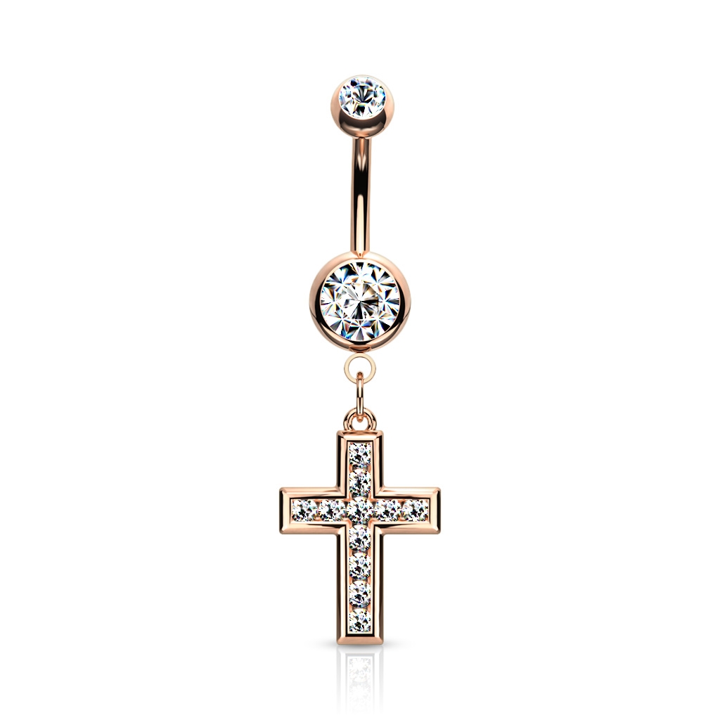 Šperky4U Zlacený piercing do pupíku - křížek čiré zirkony - WP0034-RDC