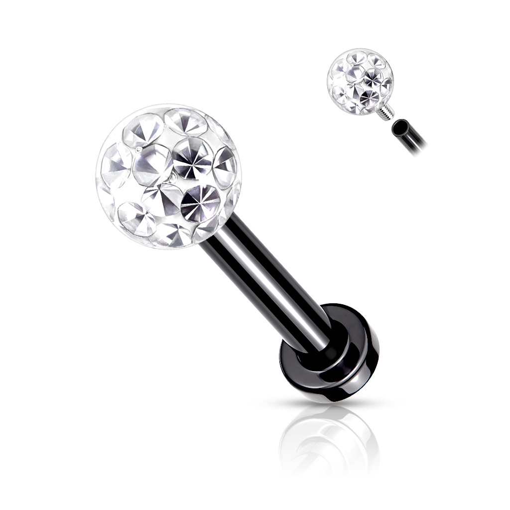 Šperky4U Černý piercing do brady / ucha s kamínky 1,2 x 8 mm - LB1089K-1208