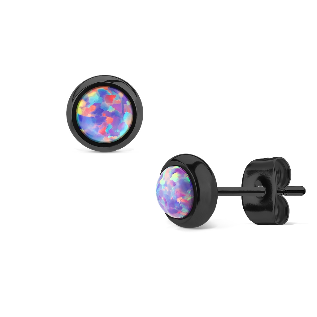 Čierne oceľové náušnice s fialovými opálmi
