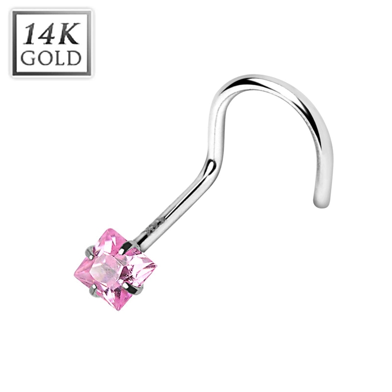 Šperky4U Zlatý piercing do nosu - čtvercový zirkon růžový, Au 585/1000 - ZL01114P-WG