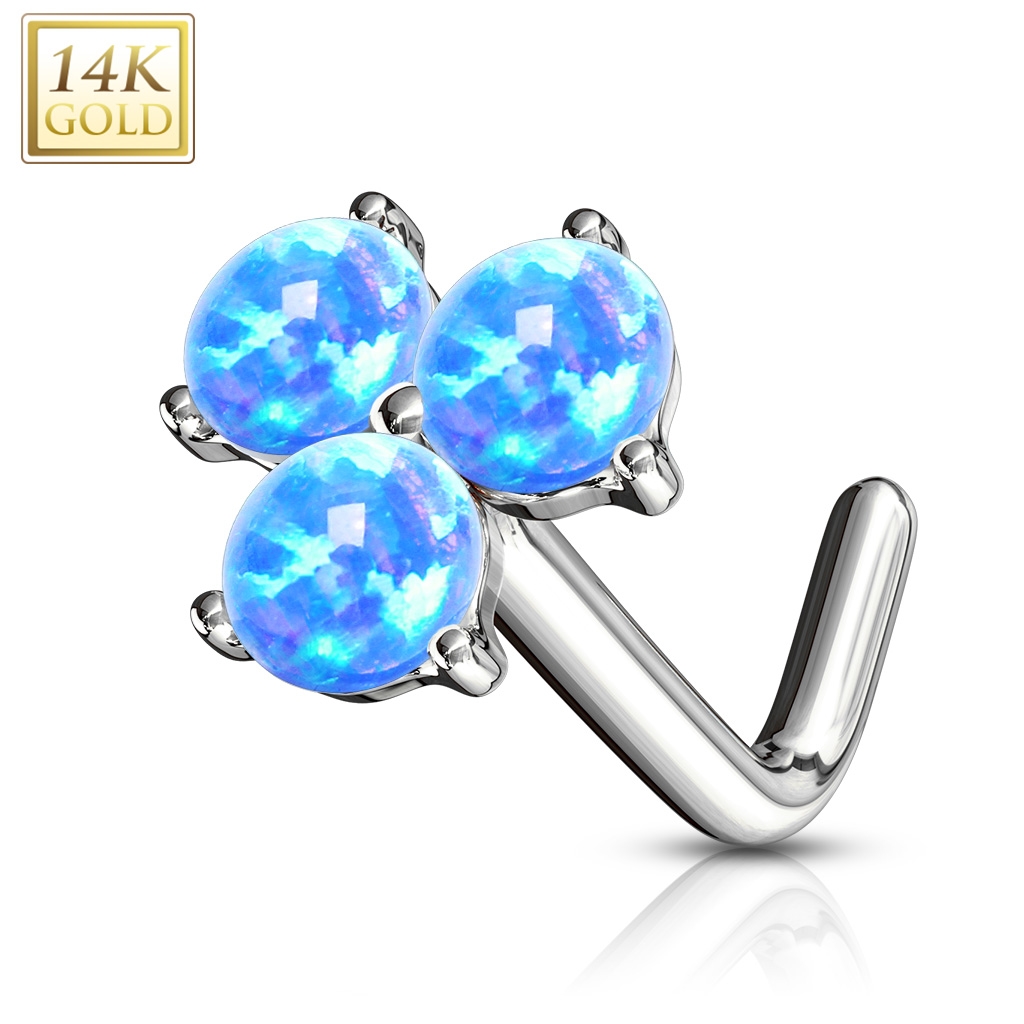 Šperky4U Zlatý piercing do nosu s modrými opály, Au 585/1000 - ZL01187B-WG