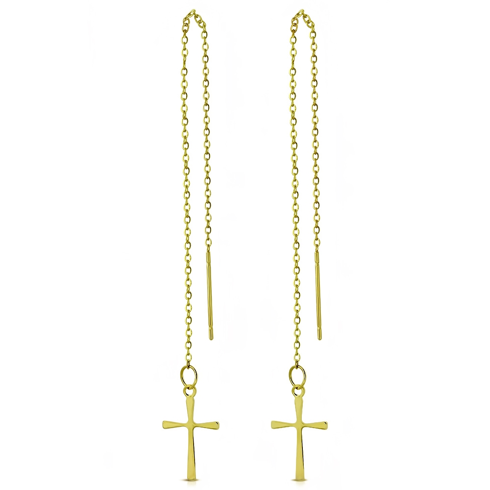 Šperky4U Provlékací zlacené ocelové náušnice s křížky - OPN1526-GD