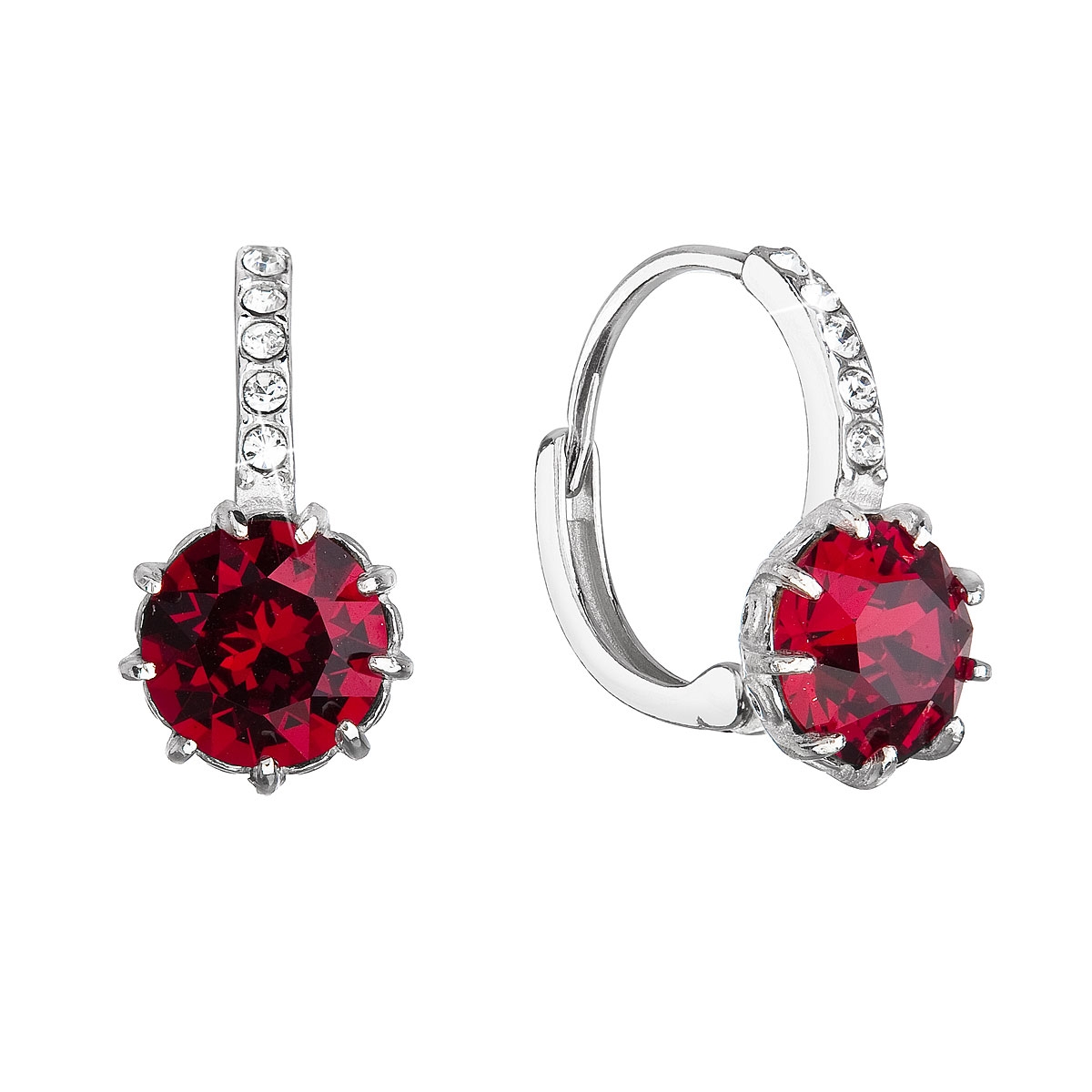 Strieborné náušnice visiace so Swarovski kryštálom Ruby