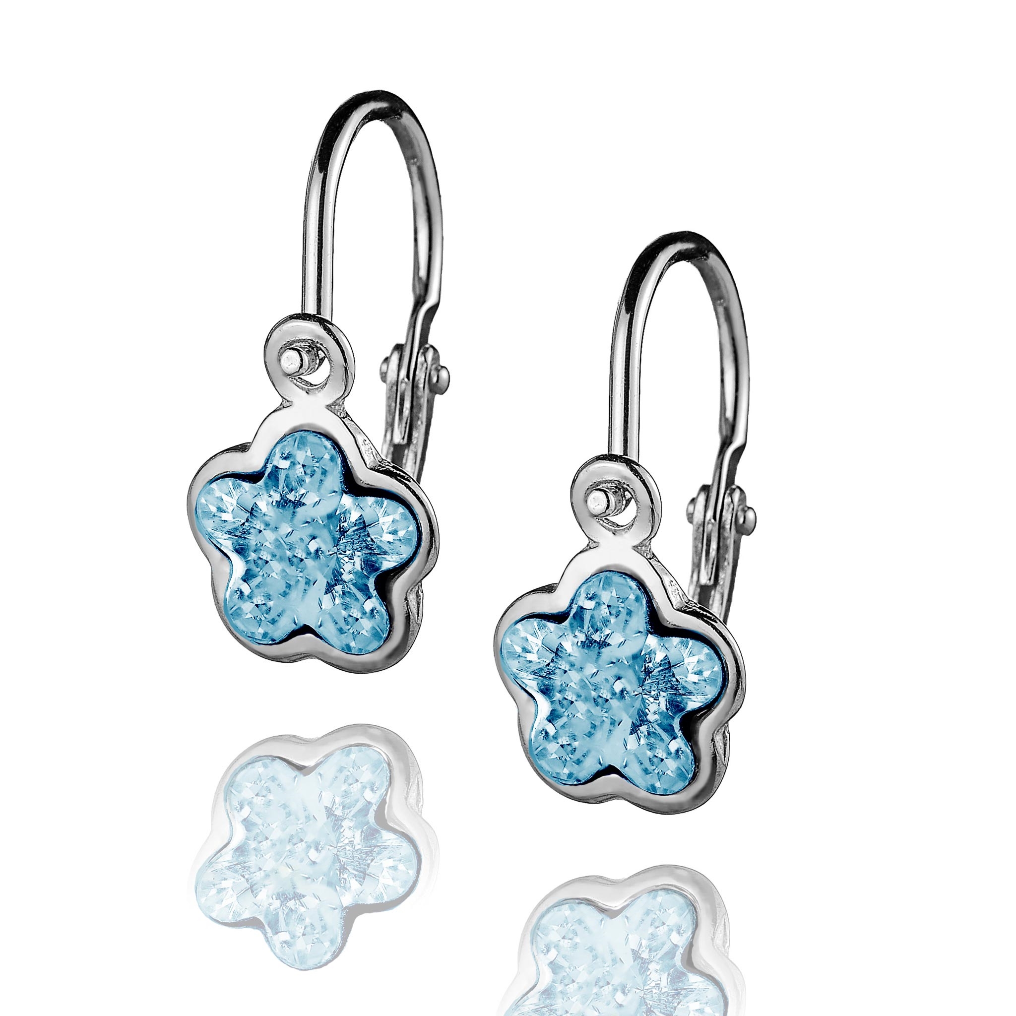 Detské strieborné náušnice - kytička, Crystals from SWAROVSKI®, farba: Aquamarine