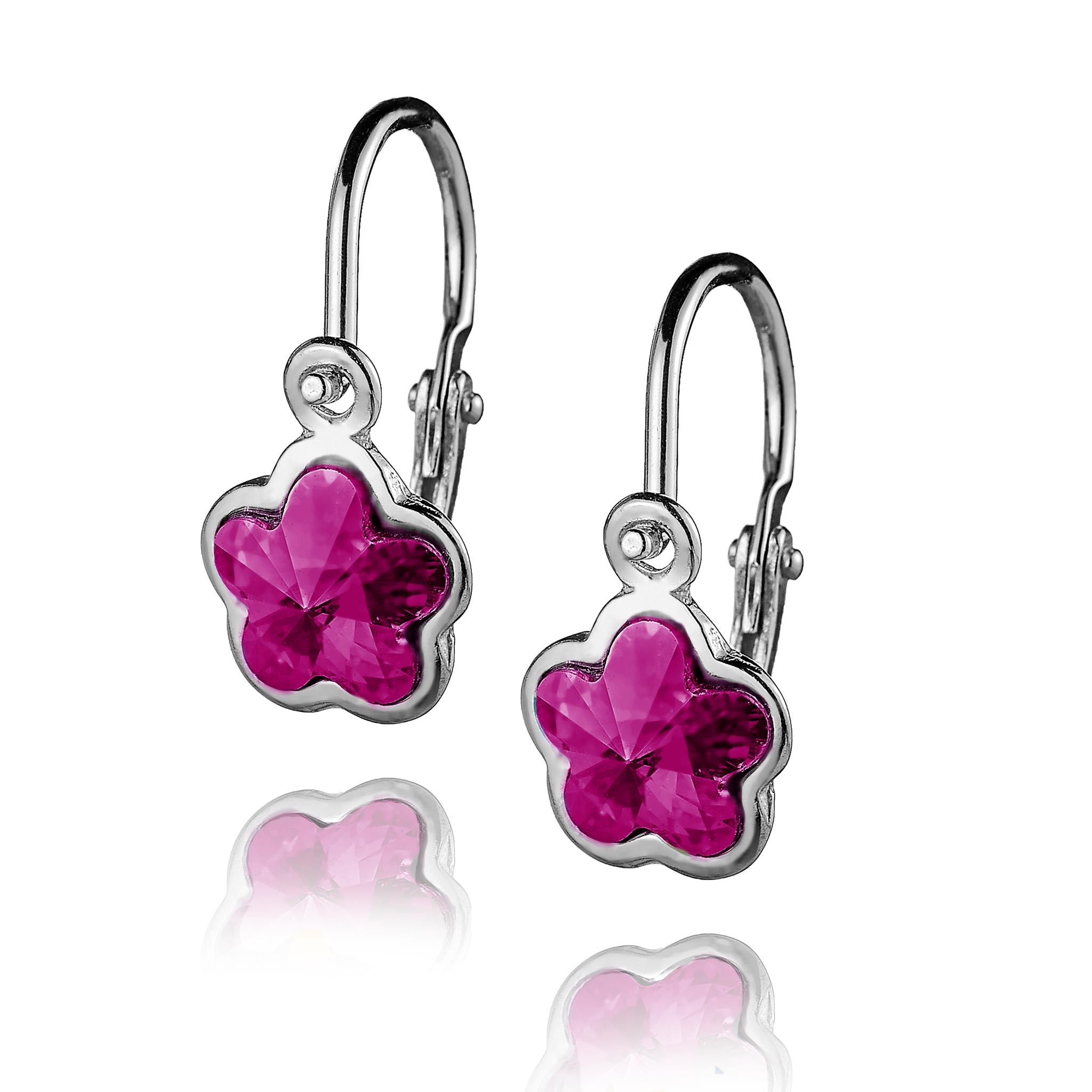 Detské strieborné náušnice - kytička, Crystals from SWAROVSKI®, farba: Fuchsia