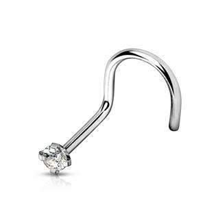 Zahnutý piercing do nosu - titan, čirý kamínek 2,5 mm