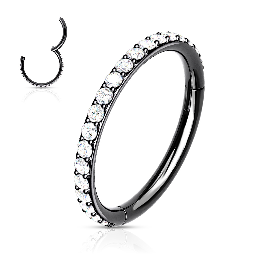 Šperky4U Piercing segment kruh s kamínky, černý - K1041-KC
