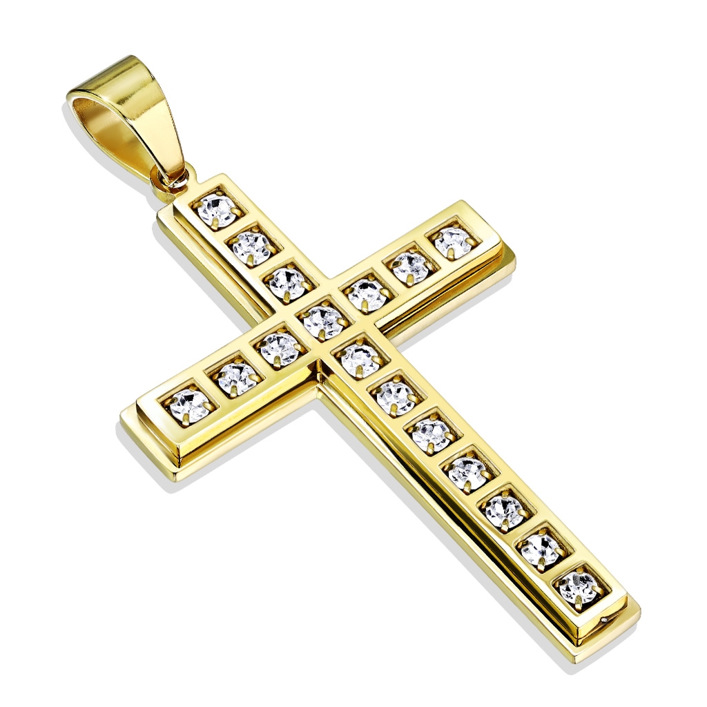 Šperky4U Velký ocelový přívěšek - kříž se zirkony - OPP1779-GD