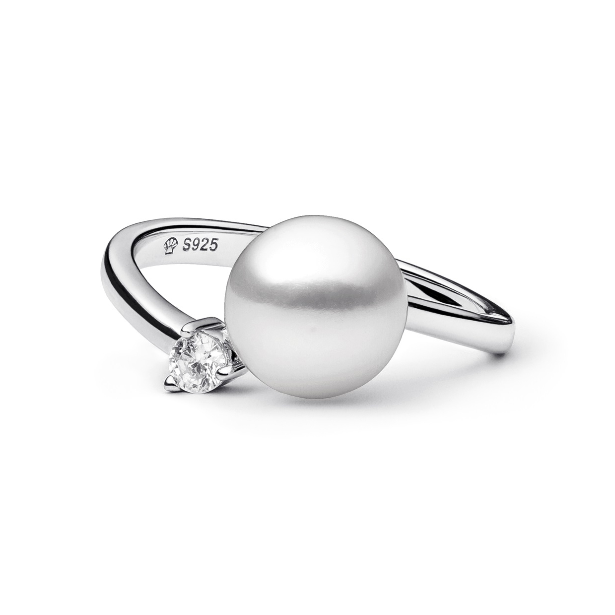 Strieborný prsteň s bielou perlou a zirkónom, veľ. 50