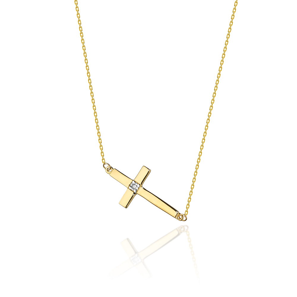 Diamantový náhrdelník krížik, žlté zlato a briliant