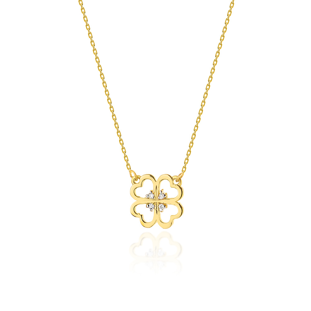 Diamantový náhrdelník štvorlístok, žlté zlato a brilianty