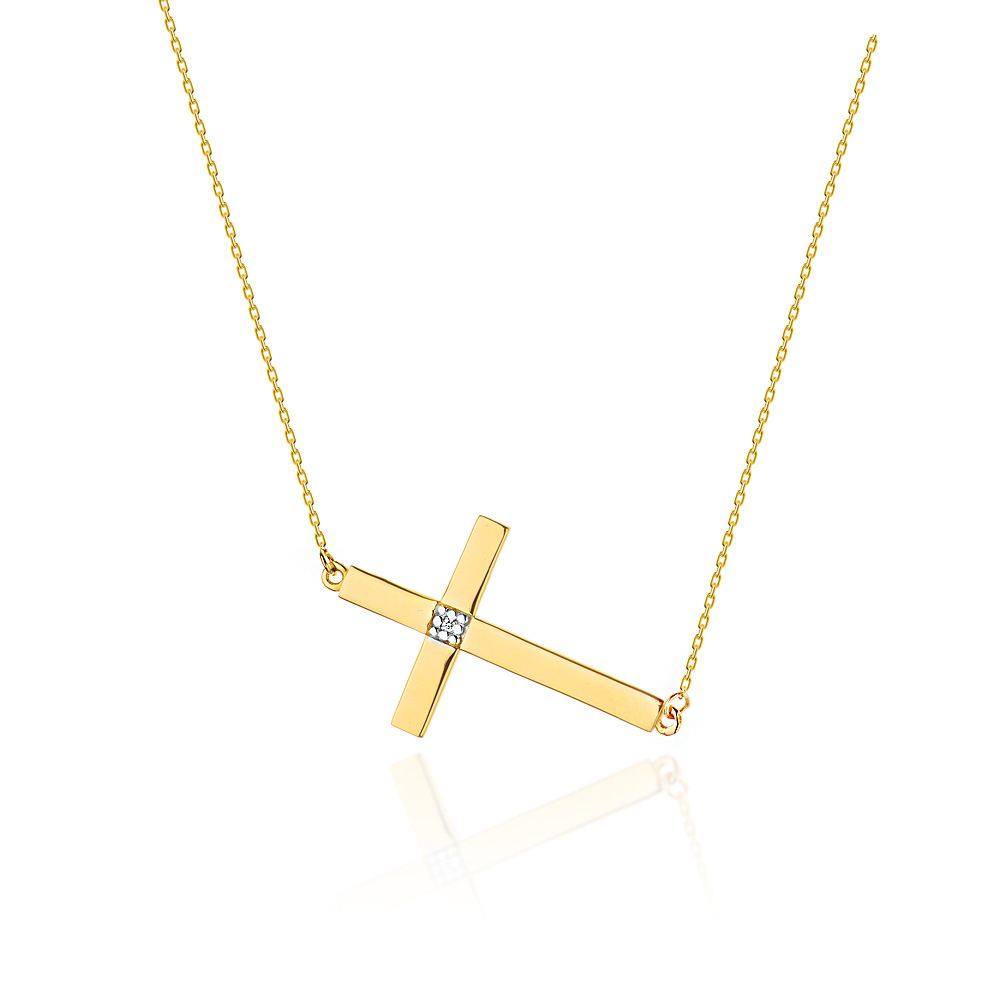 Diamantový náhrdelník krížik, žlté zlato a briliant