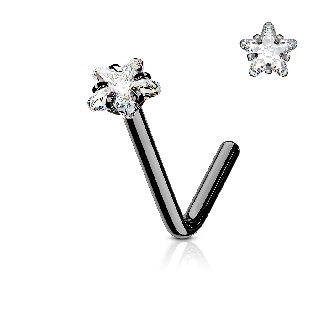 Šperky4U Černý piercing do nosu hvězdička, čirý kamínek - N0067-KC
