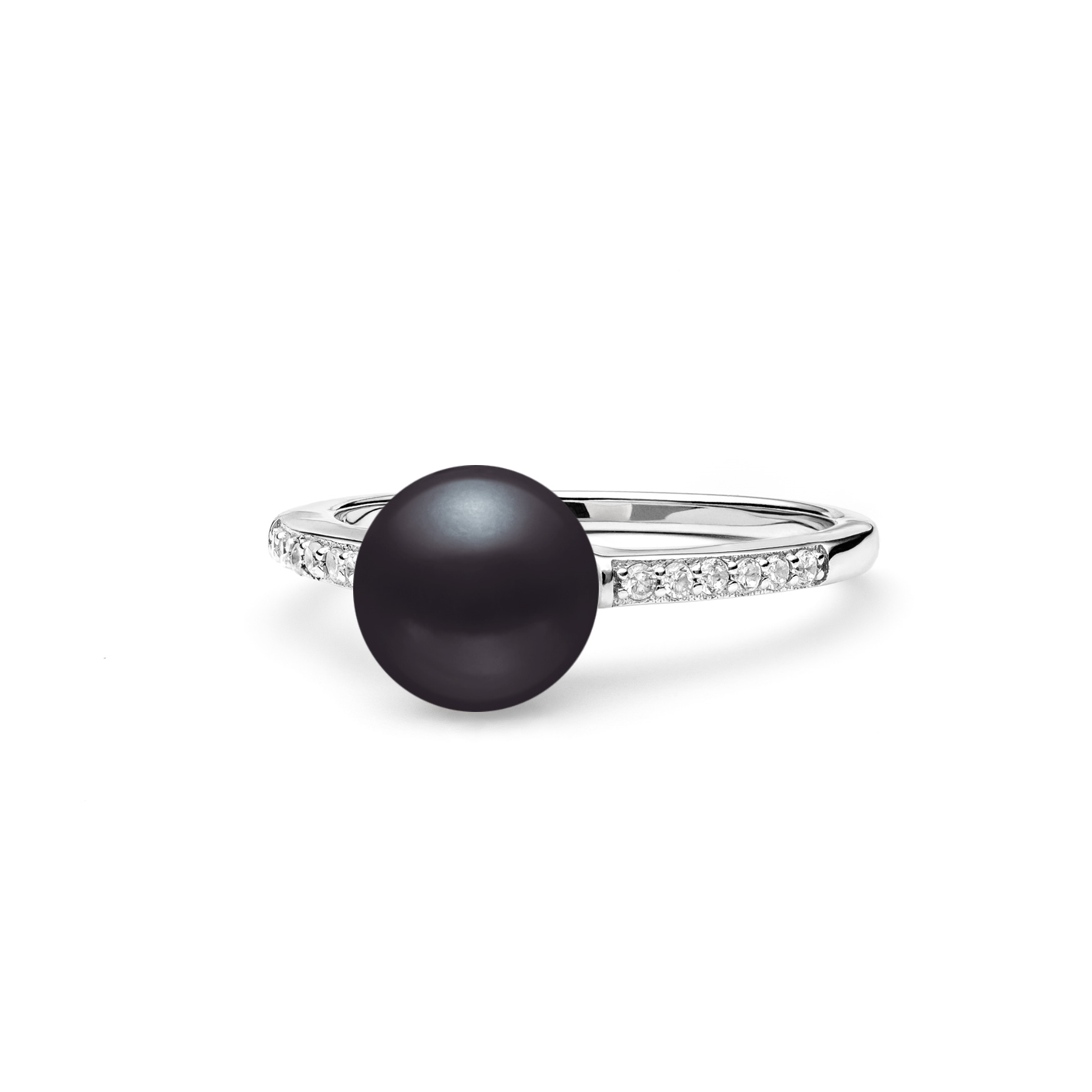 Strieborný prsteň s čiernou perlou a zirkónmi