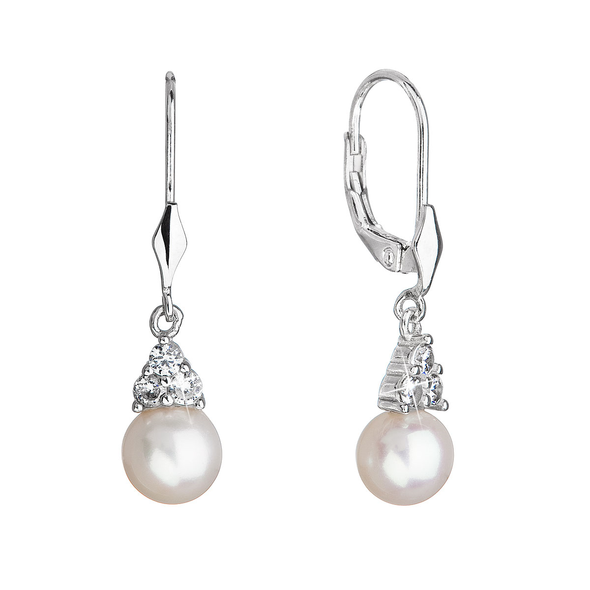 Strieborné visiace náušnice s bielou riečnou perlou a zirkónmi