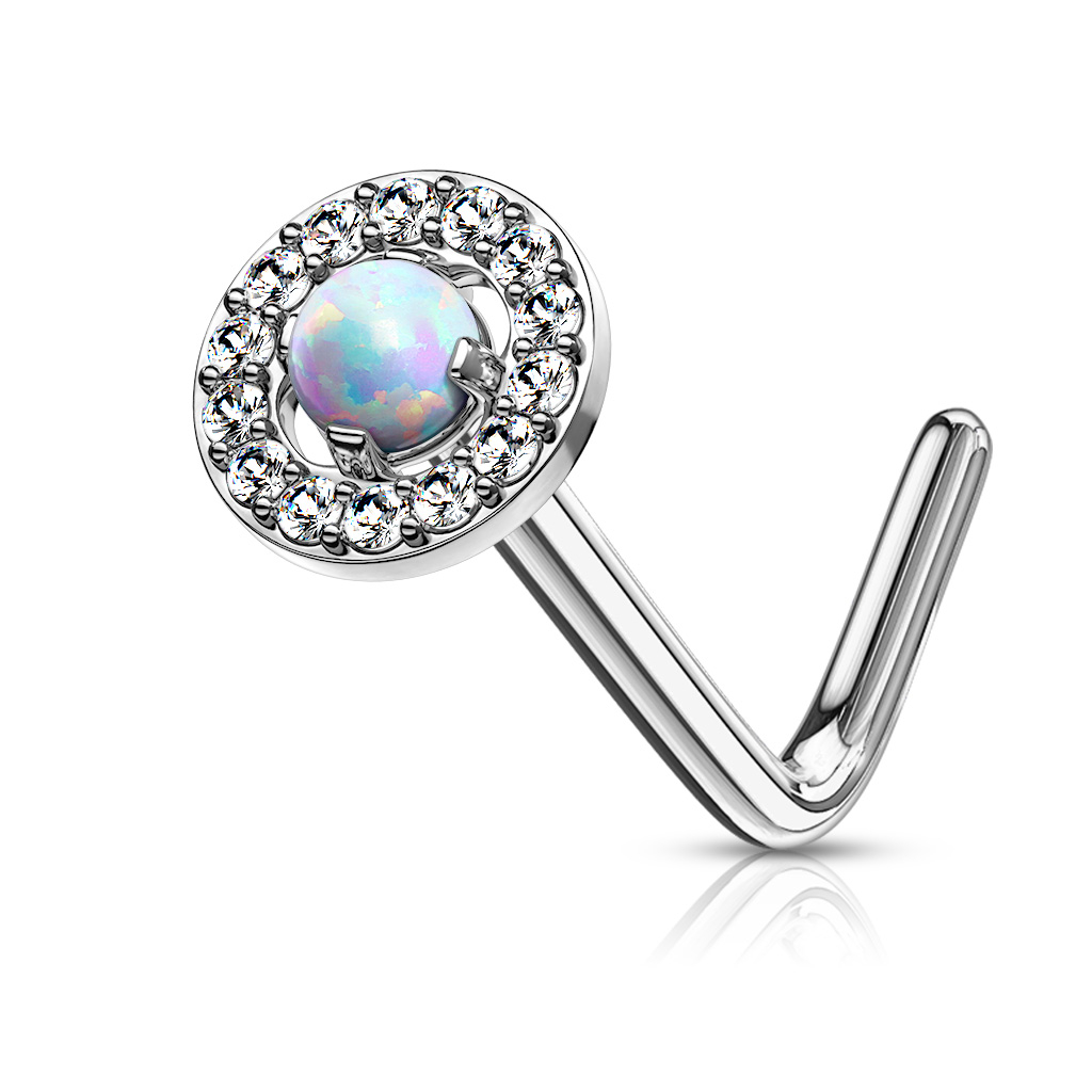 Zahnutý piercing do nosa - biely opál