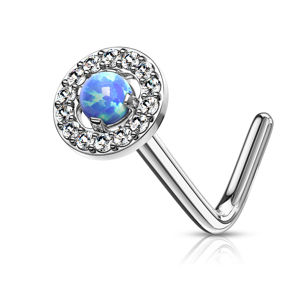 Zahnutý piercing do nosa - modrý opál