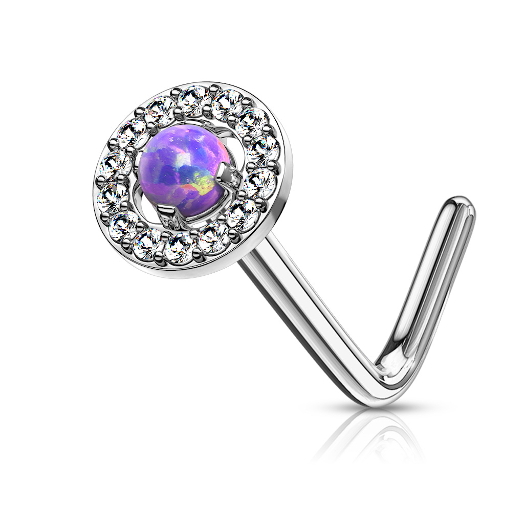 Zahnutý piercing do nosa - fialový opál