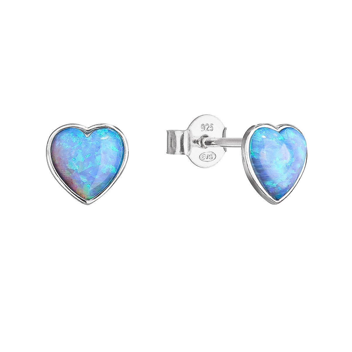 Strieborné náušnice srdiečka so svetlo modrým opálom