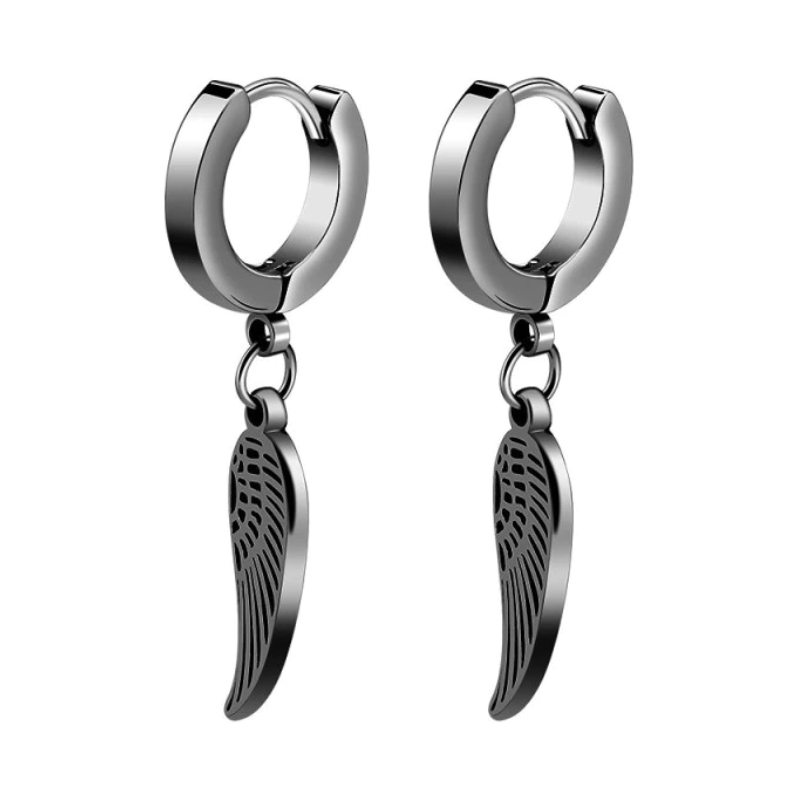 Šperky4U Černé ocelové náušnice kroužky s peříčky - OPN1806-K
